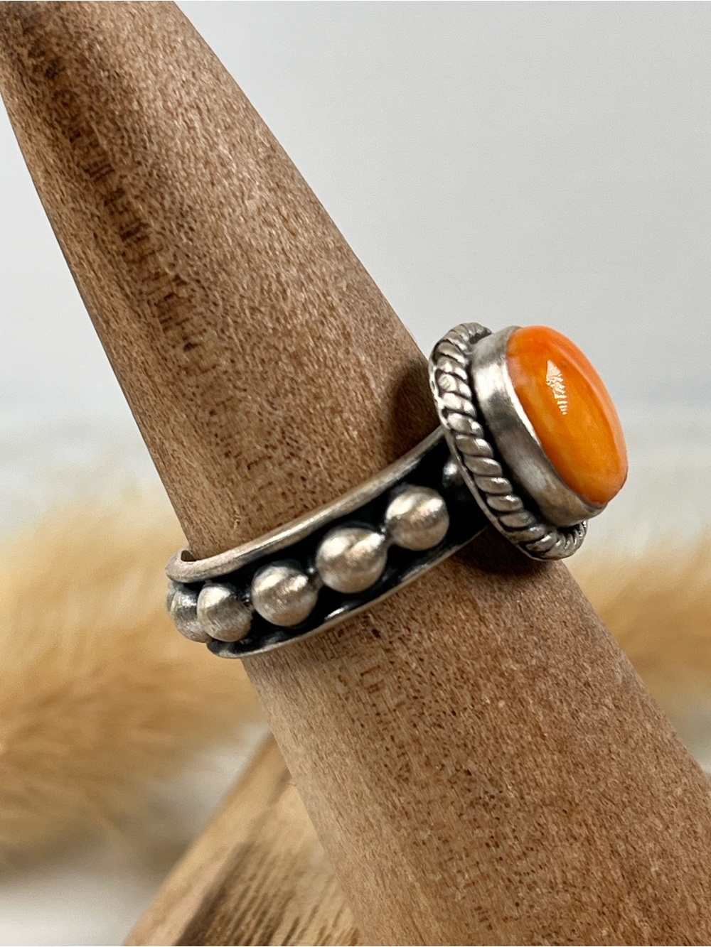 Solid Sterling Silver Orange Spiny Oyster Shell Ring Adjustable Size 6.5 - Picture 2 of 10
